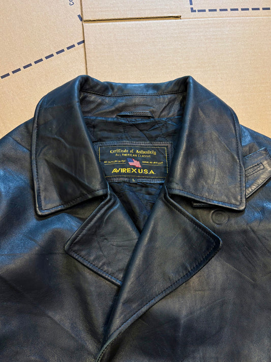 Vintage Avirex Black Leather Over Coat (L)