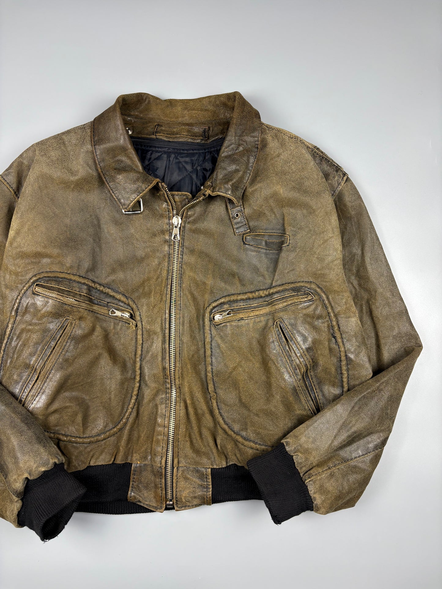 Vintage 1980s Khaki Green Leather Bomber Jacket (M)