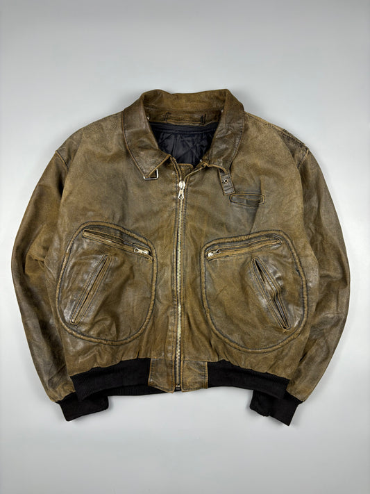 Vintage 1980s Khaki Green Leather Bomber Jacket (M)