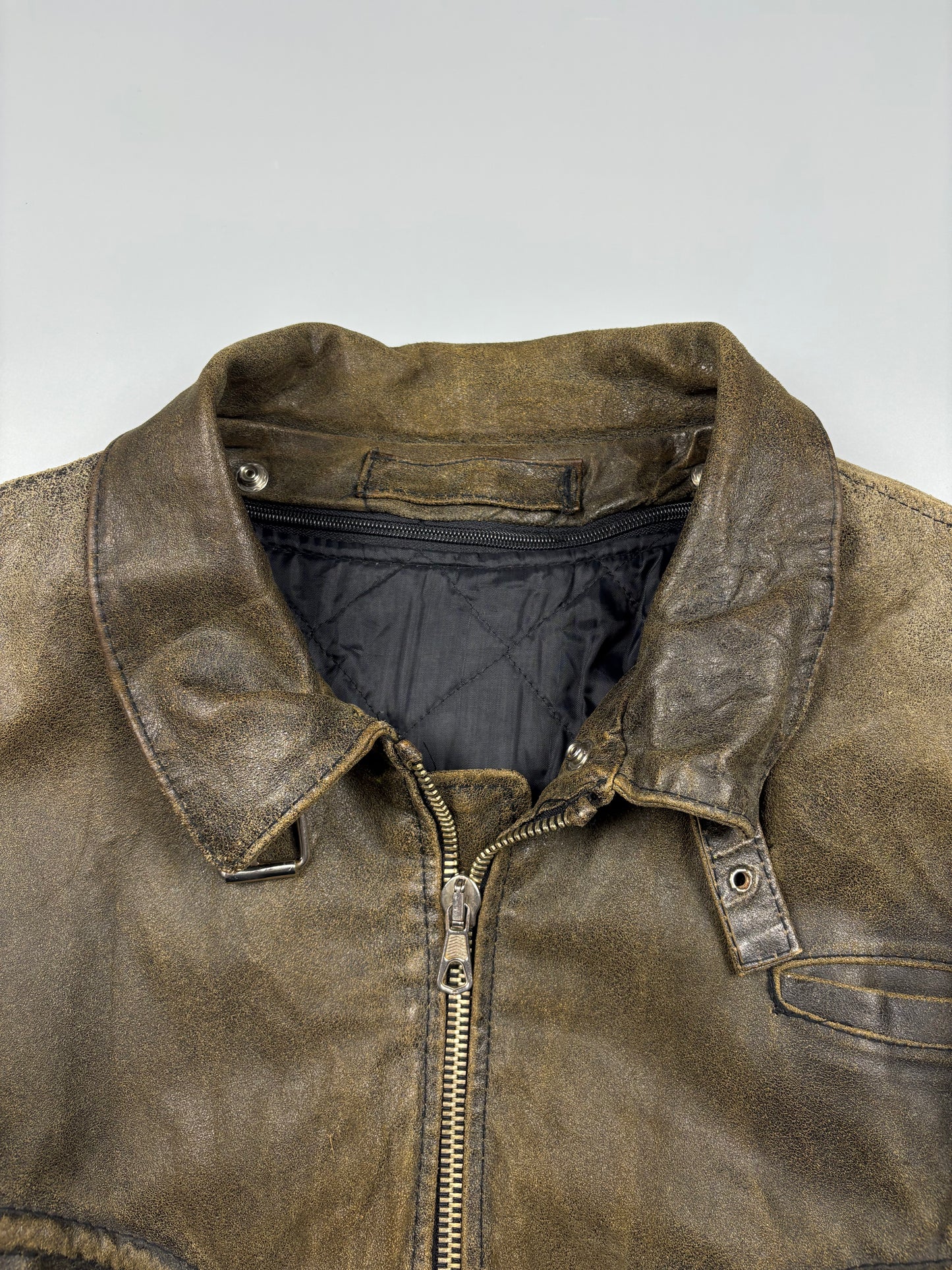 Vintage 1980s Khaki Green Leather Bomber Jacket (M)