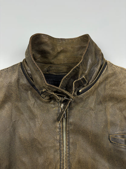 Vintage 1980s Khaki Green Leather Bomber Jacket (M)