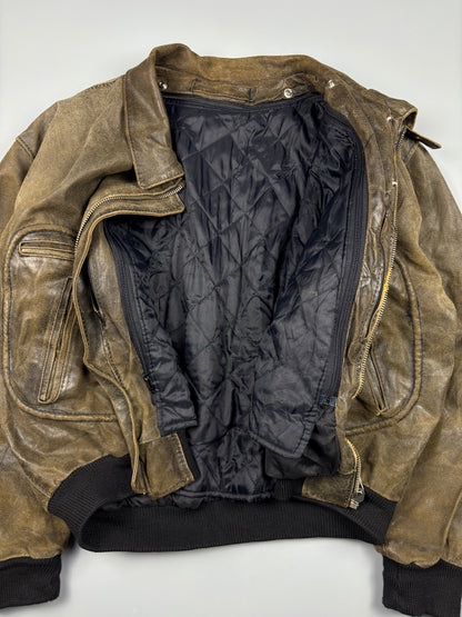 Vintage 1980s Khaki Green Leather Bomber Jacket (M)