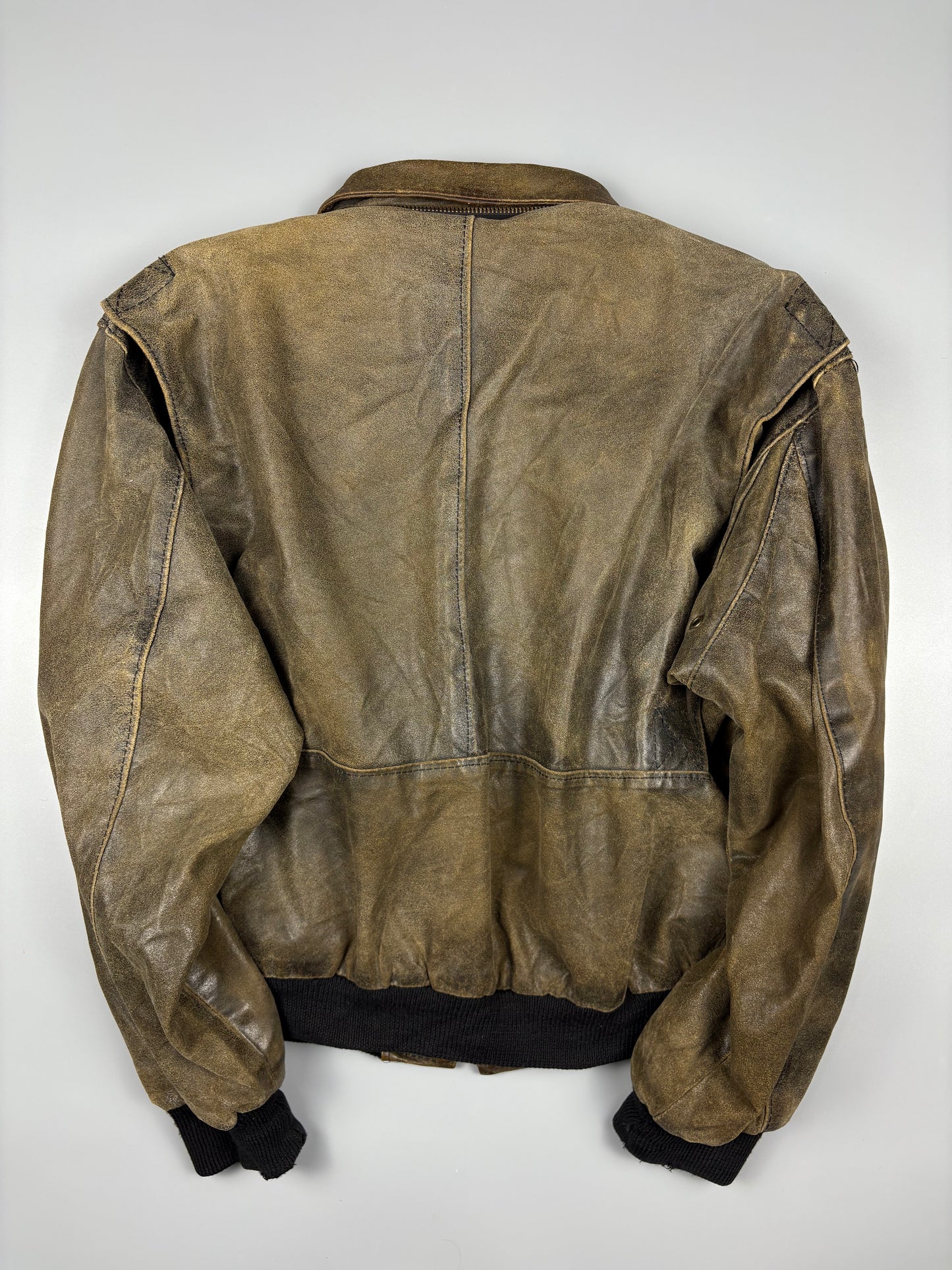 Vintage 1980s Khaki Green Leather Bomber Jacket (M)