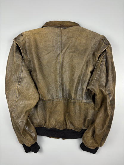 Vintage 1980s Khaki Green Leather Bomber Jacket (M)