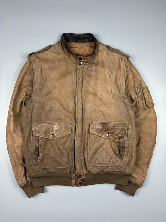 Vintage 1980s Quilted Motto Zip-off Sleeve Caramel Leather Jacket (M)