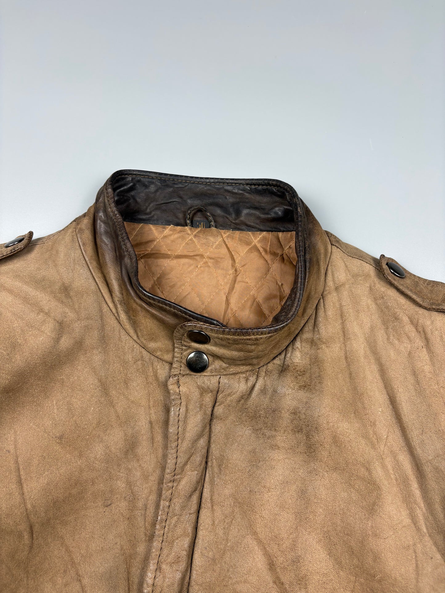 Vintage 1980s Quilted Motto Zip-off Sleeve Caramel Leather Jacket (M)