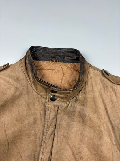 Vintage 1980s Quilted Motto Zip-off Sleeve Caramel Leather Jacket (M)