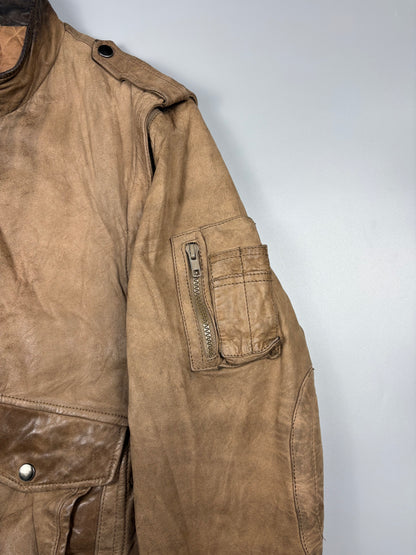 Vintage 1980s Quilted Motto Zip-off Sleeve Caramel Leather Jacket (M)