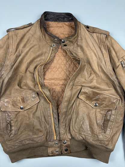 Vintage 1980s Quilted Motto Zip-off Sleeve Caramel Leather Jacket (M)