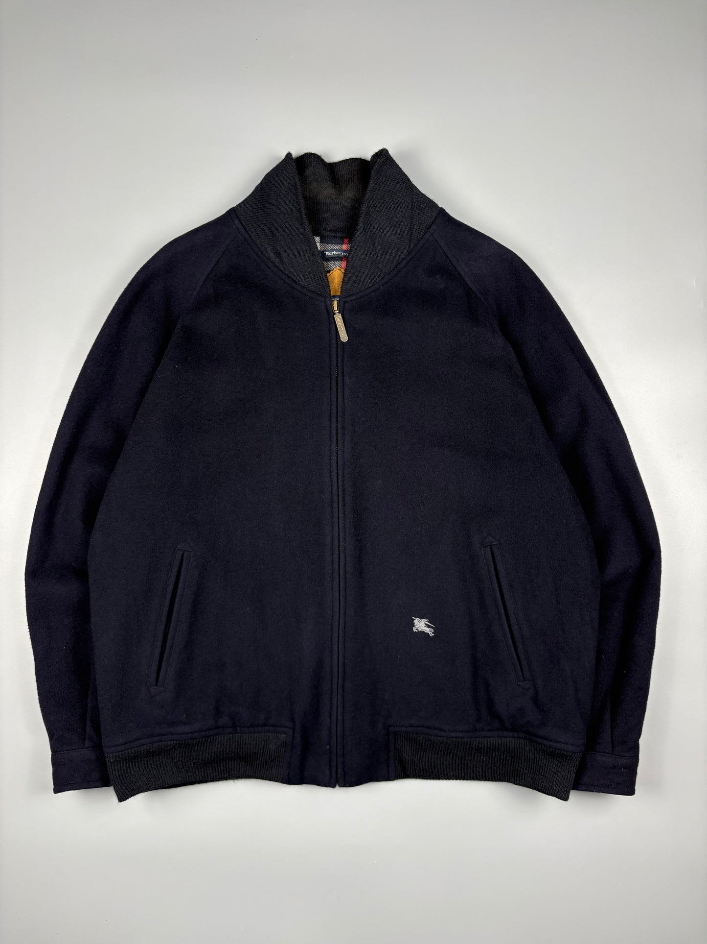 Vintage 1990s Burberry Cashmere Navy Bomber Jacket (L)