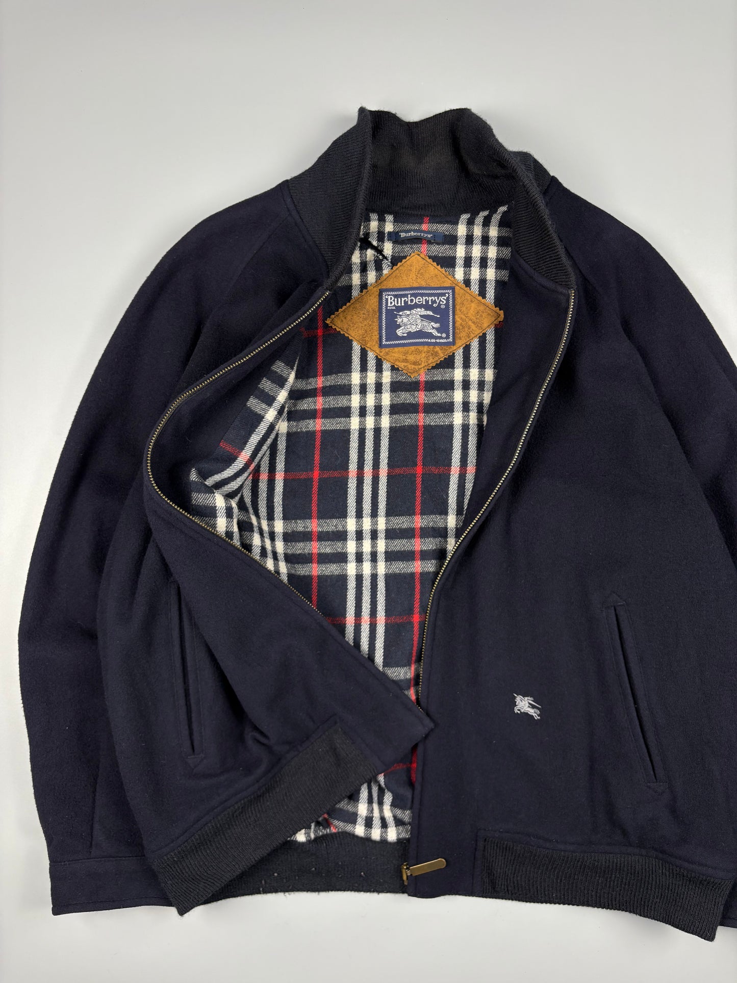 Vintage 1990s Burberry Cashmere Navy Bomber Jacket (L)