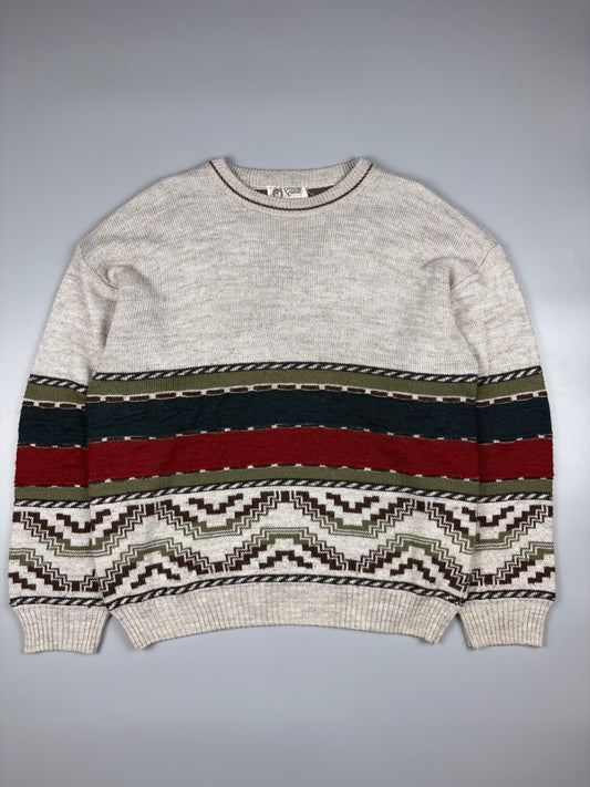 Vintage 1980s Chicago USA Grey Stripe Knit Jumper (M)