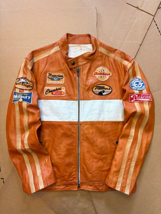 Vintage Nexus Orange Racing Motorcycle Leather Jacket (women's M)
