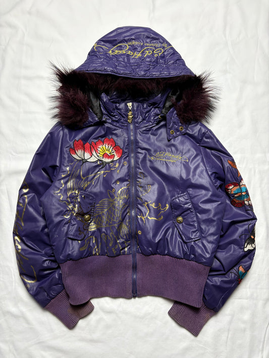 Ed Hardy 2000s Embroidered Purple Puffer Jacket (women's M)