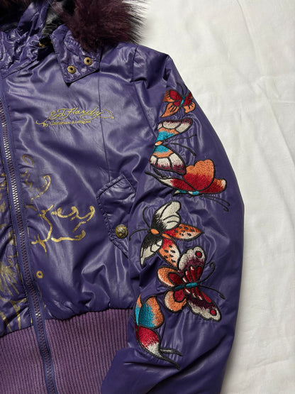 Ed Hardy 2000s Embroidered Purple Puffer Jacket (women's M)