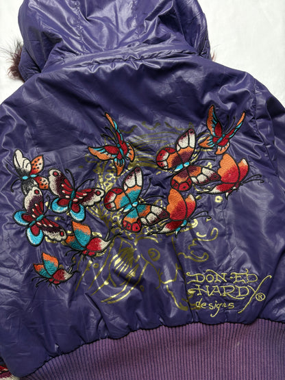 Ed Hardy 2000s Embroidered Purple Puffer Jacket (women's M)
