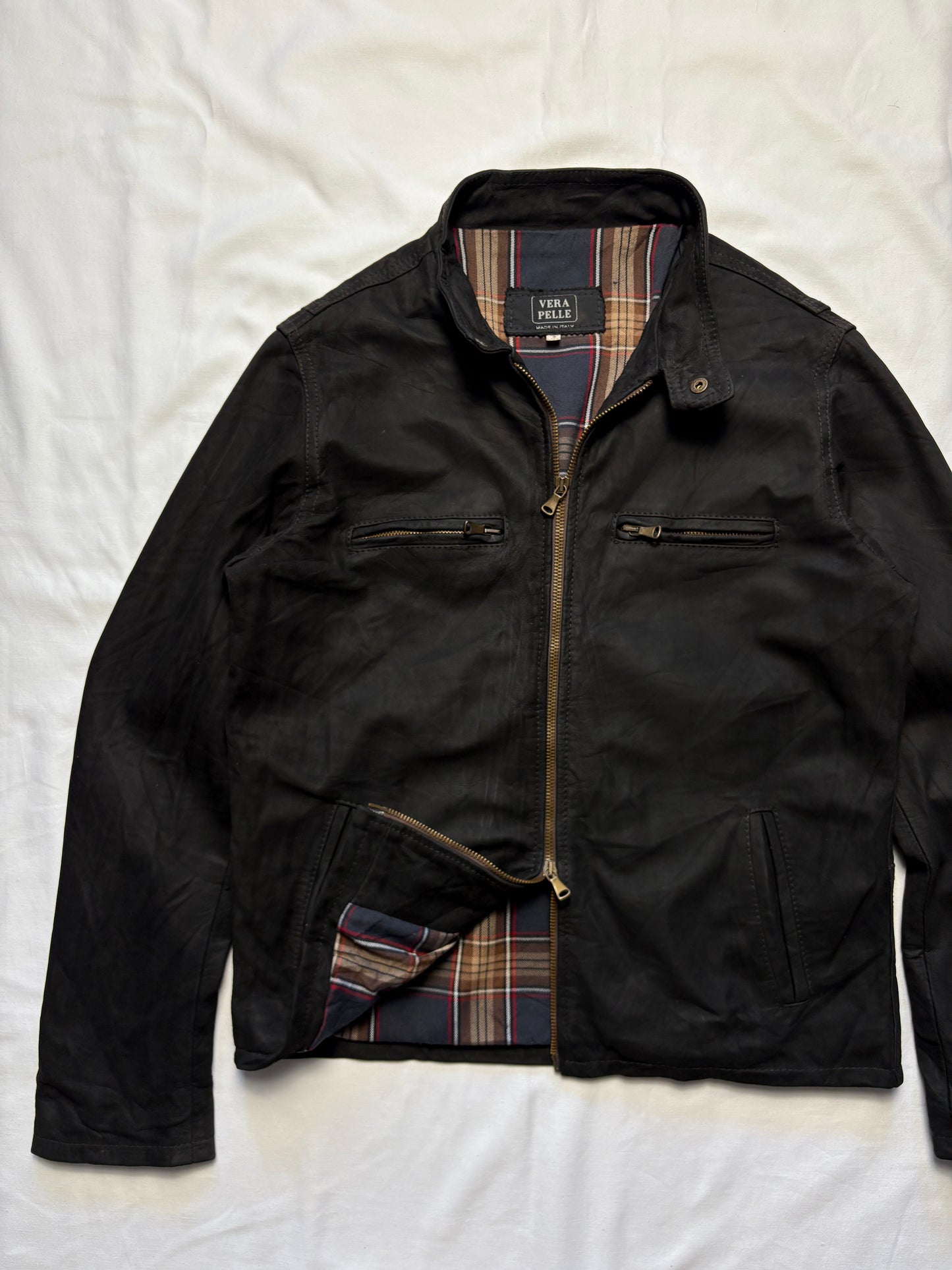 Vintage Vera Pelle 90s Double Zip Black Leather Jacket (S)