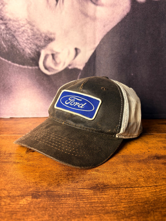 Vintage Ford 90s Leather Brown + White Trucker Hat