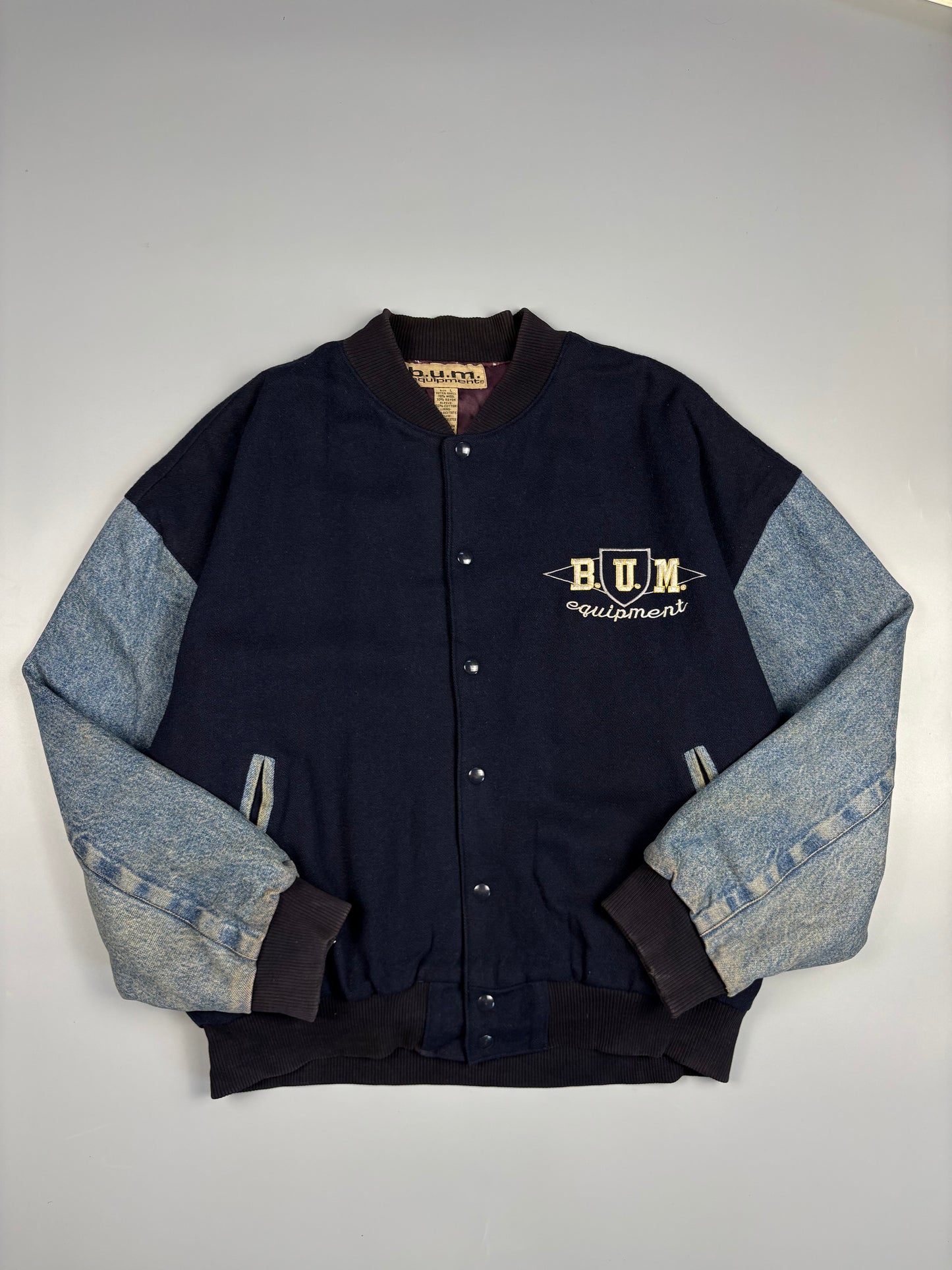 1990s B.U.M. Equipment Denim + Wool Bomber Jacket (L)