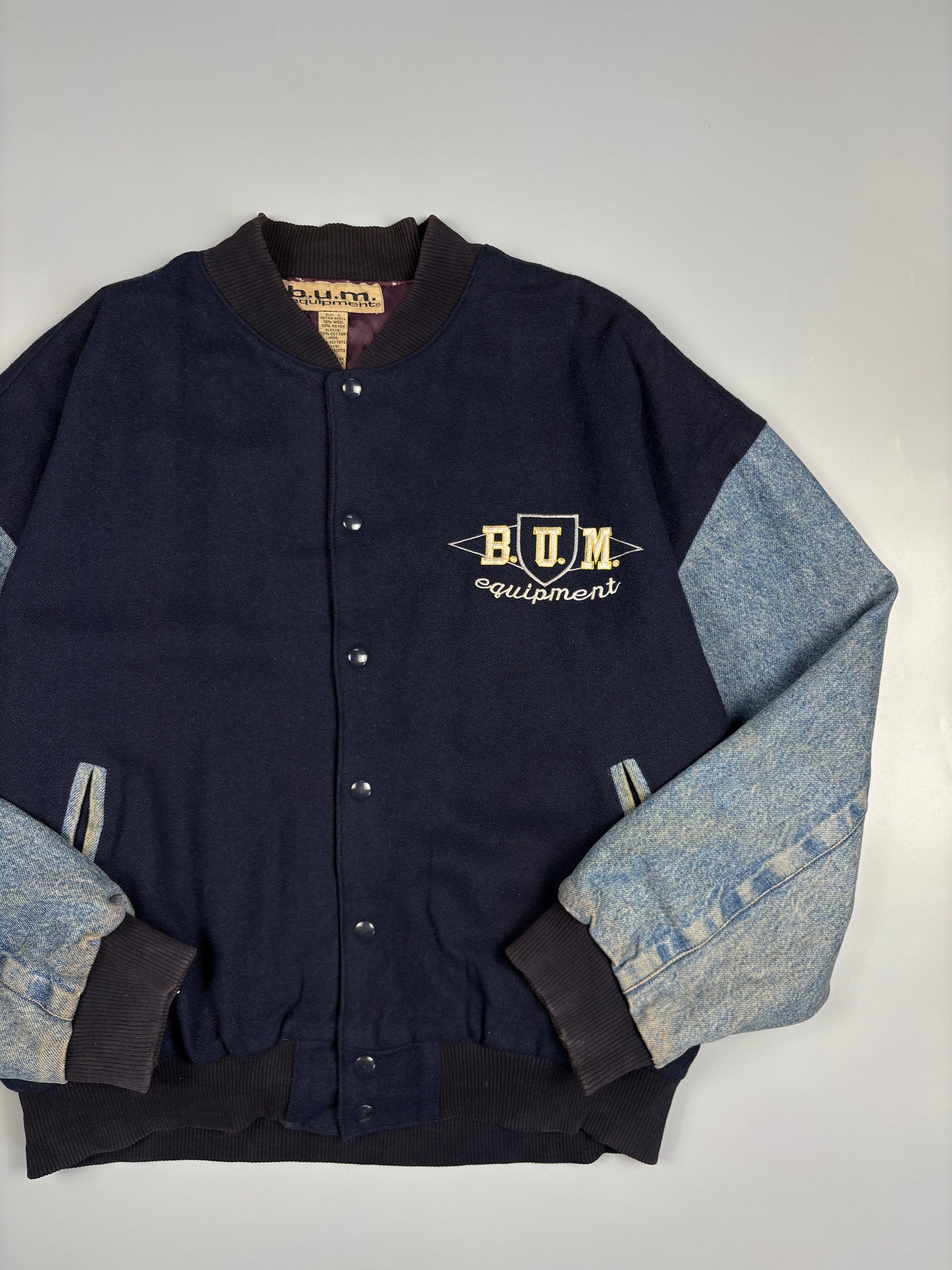 1990s B.U.M. Equipment Denim + Wool Bomber Jacket (L)