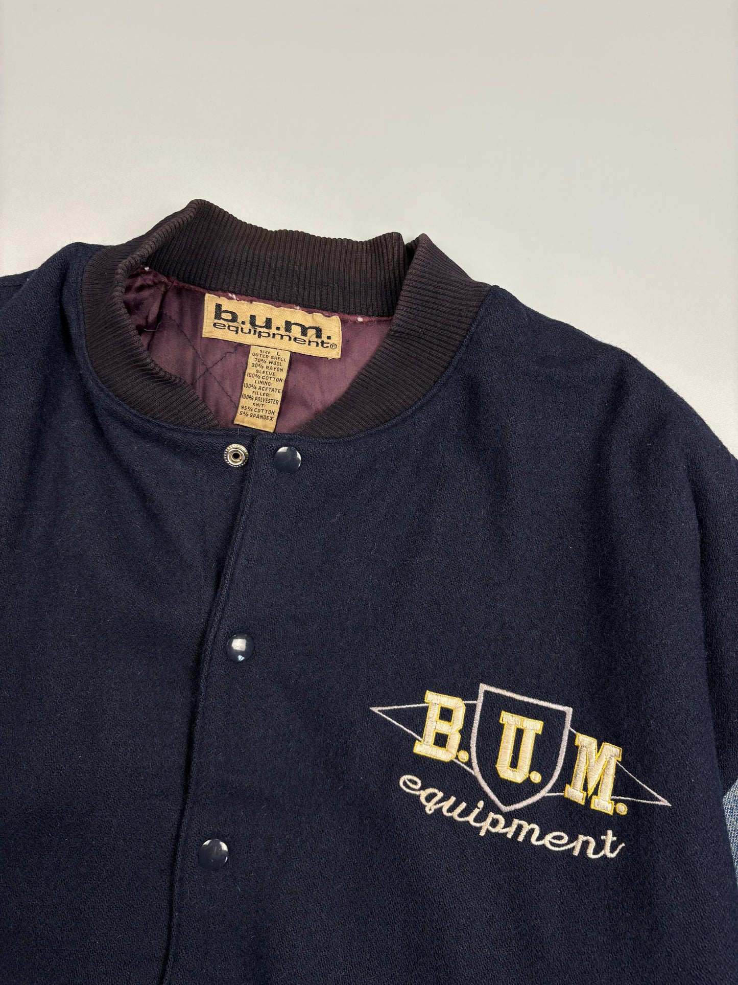 1990s B.U.M. Equipment Denim + Wool Bomber Jacket (L)