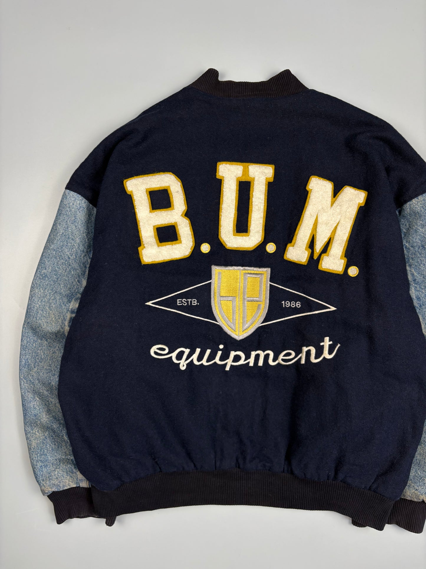 1990s B.U.M. Equipment Denim + Wool Bomber Jacket (L)