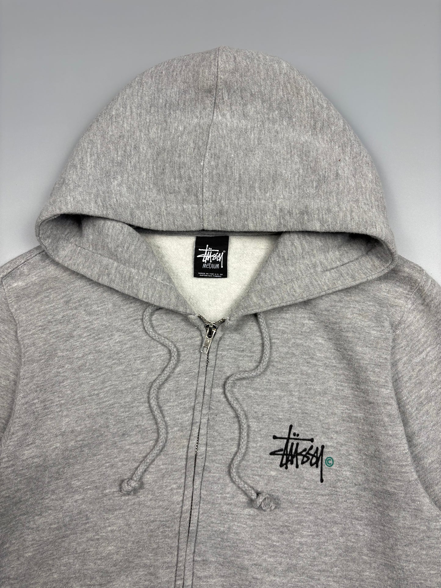 2000s Stussy Script Heather Grey Zip Up Hoodie (M)
