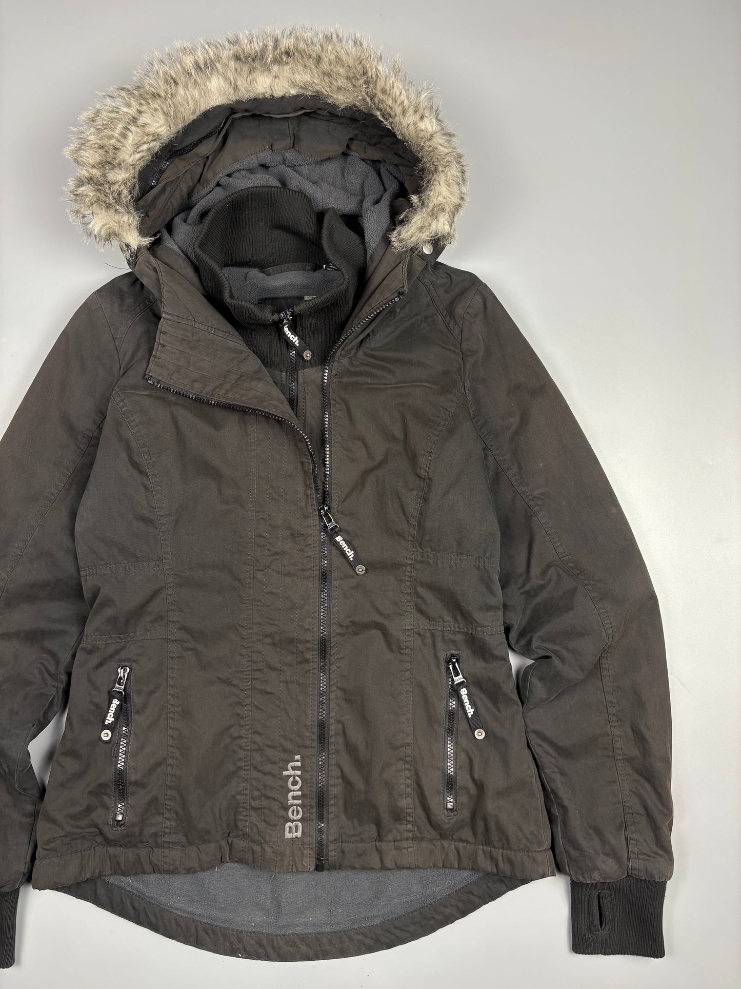 2000s Bench Asymmetrical Zip Black Fur Collar Jacket (women's M)