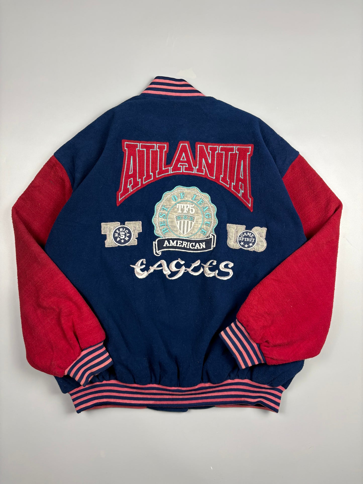 1980s American Vintage Navy + Burgundy Wool Varsity Jacket (L)