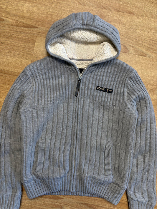 Schott NYC 90s Sherpa Lined Grey Knit Hoodie (M)