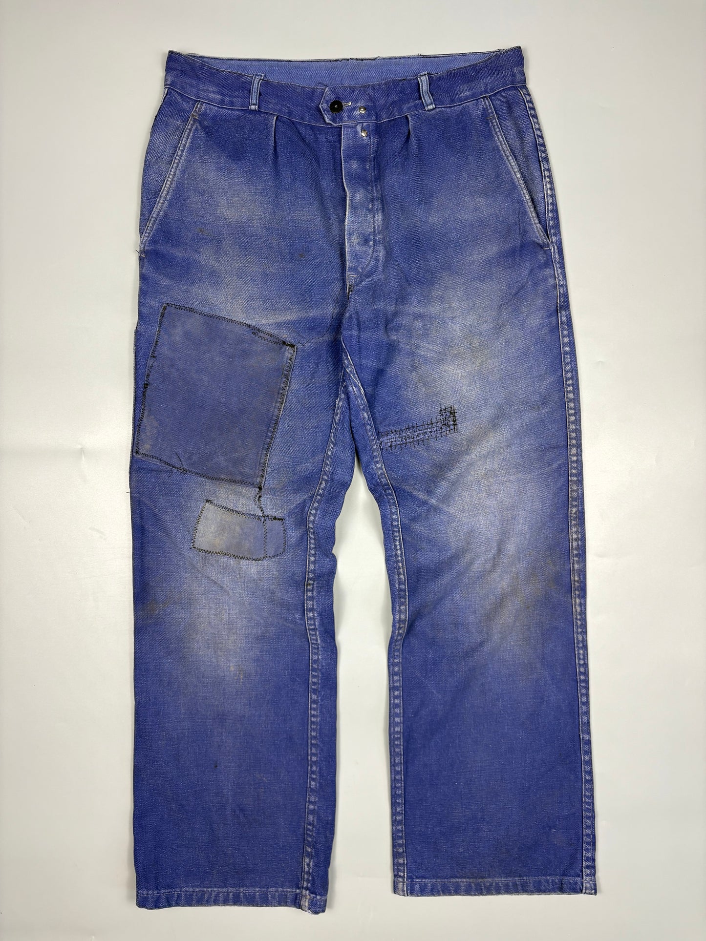 True Vintage 1960s French Patch Repair Faded Workwear Trousers (32w)