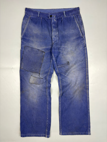 True Vintage 1960s French Patch Repair Faded Workwear Trousers (32w)