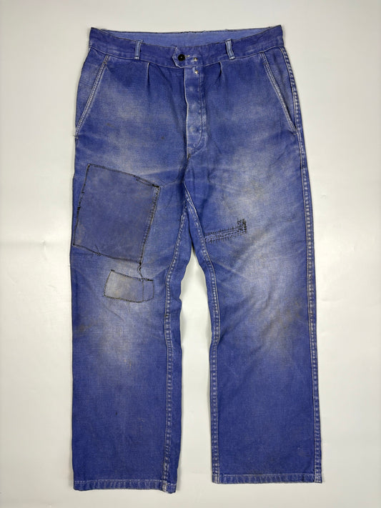 True Vintage 1960s French Patch Repair Faded Workwear Trousers (32w)