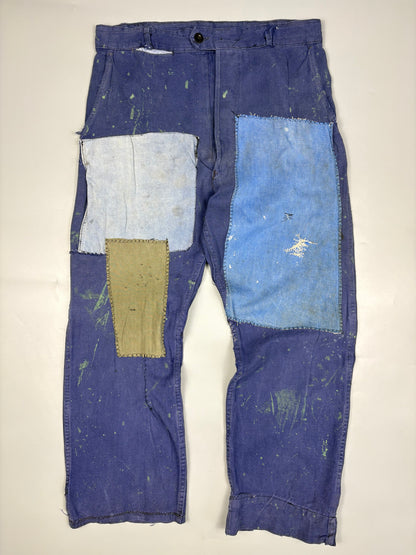 True Vintage 1960s French Patch Repair Faded Workwear Trouses (34w)