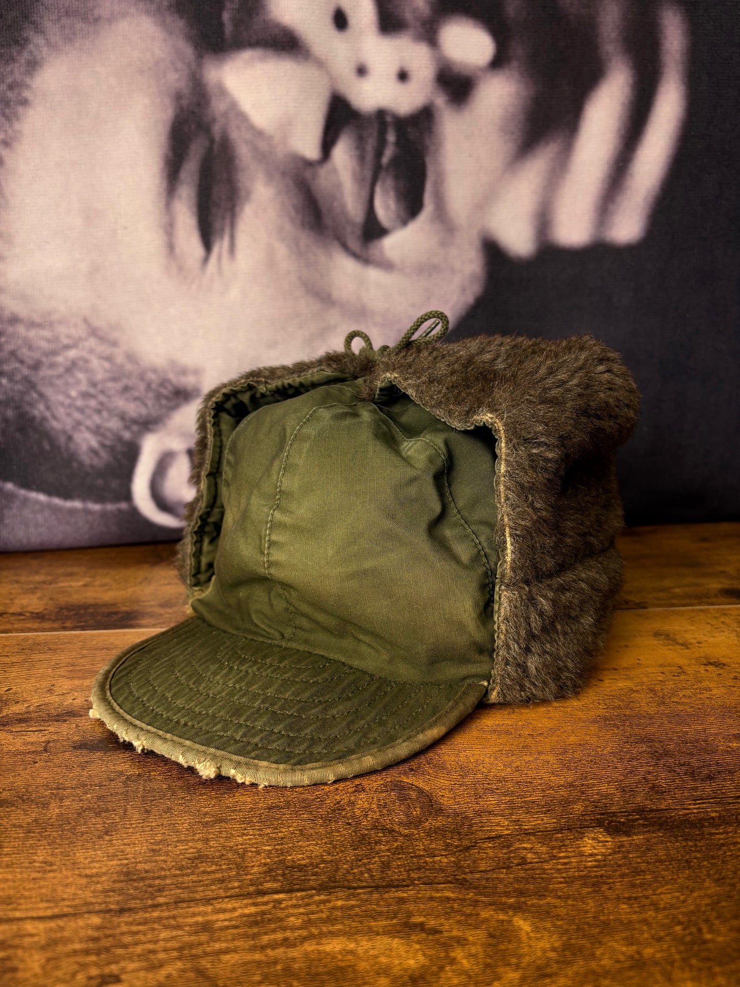 True Vintage 50s Khaki Green Fur Ear Lining Hat