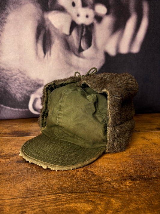 True Vintage 50s Khaki Green Fur Ear Lining Hat