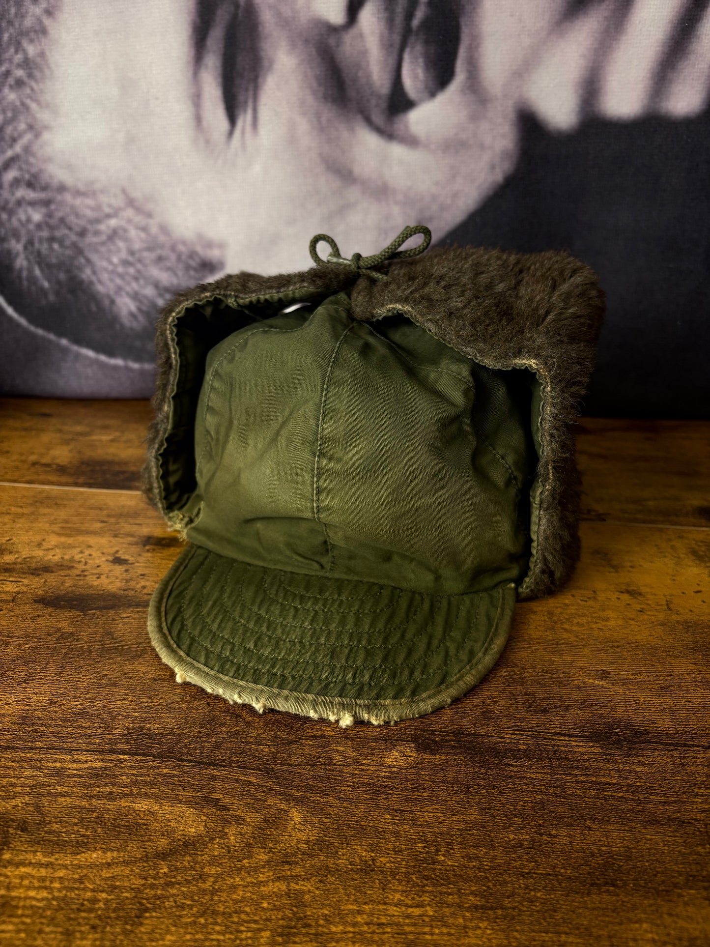 True Vintage 50s Khaki Green Fur Ear Lining Hat