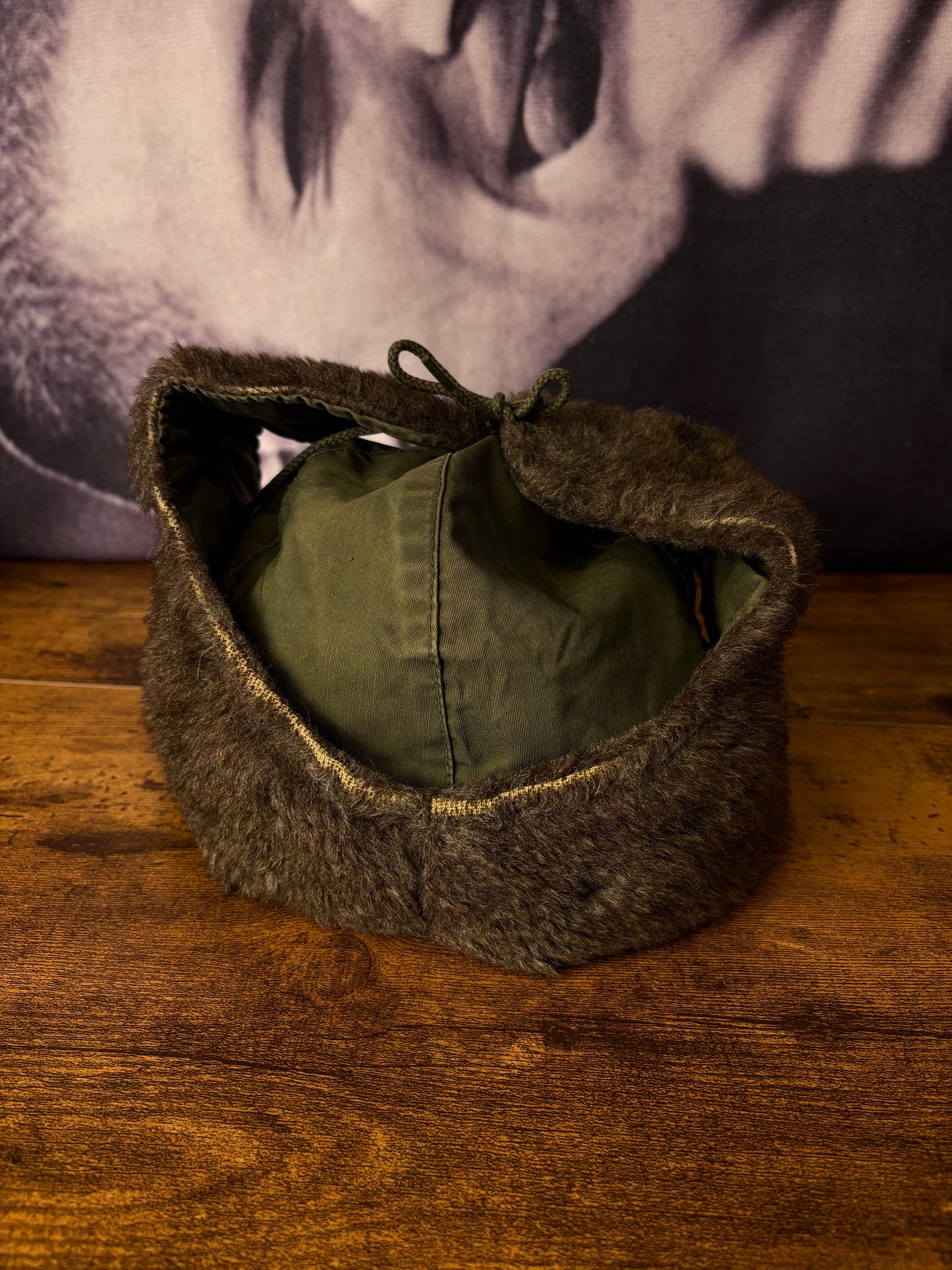 True Vintage 50s Khaki Green Fur Ear Lining Hat