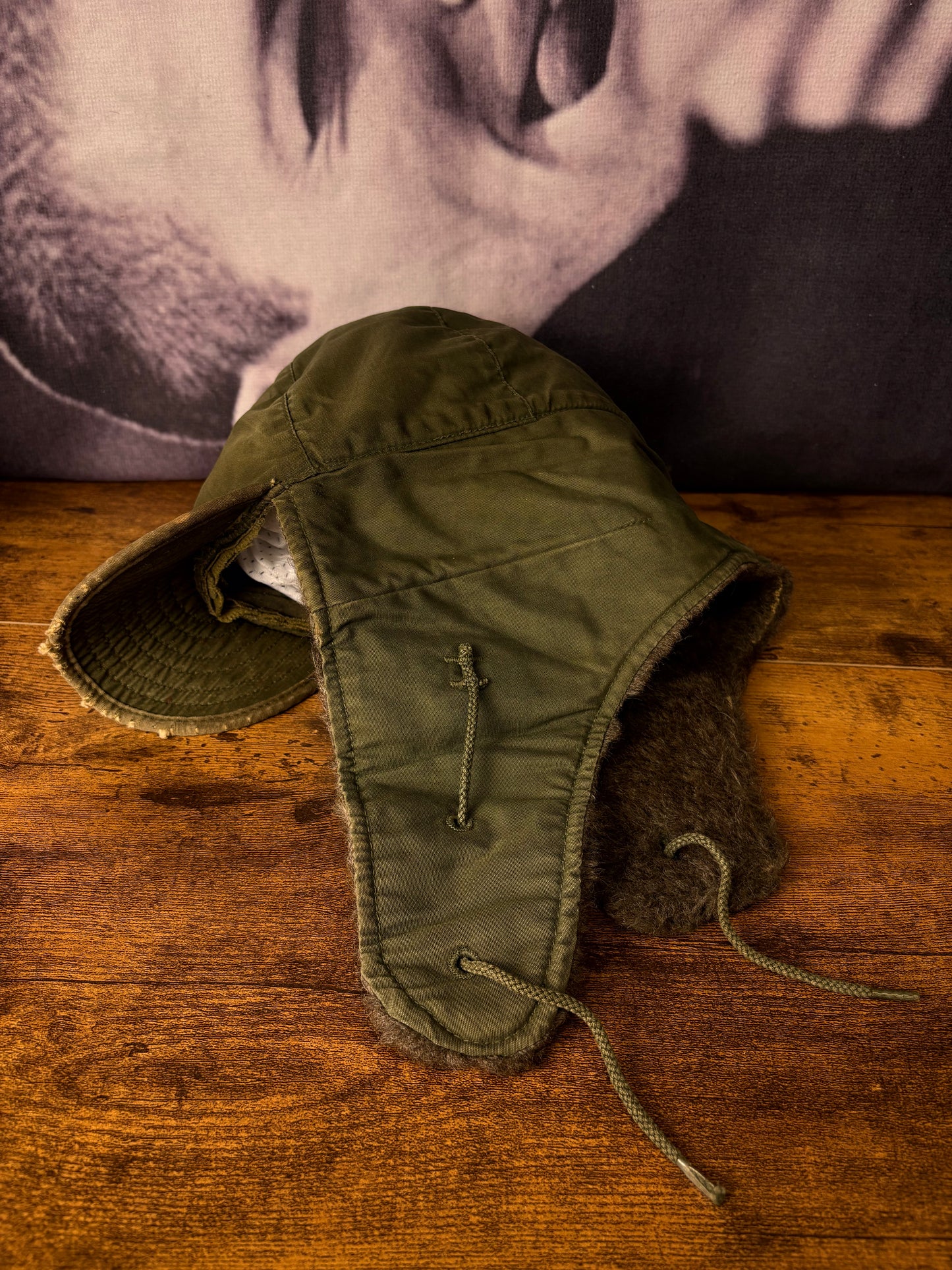 True Vintage 50s Khaki Green Fur Ear Lining Hat