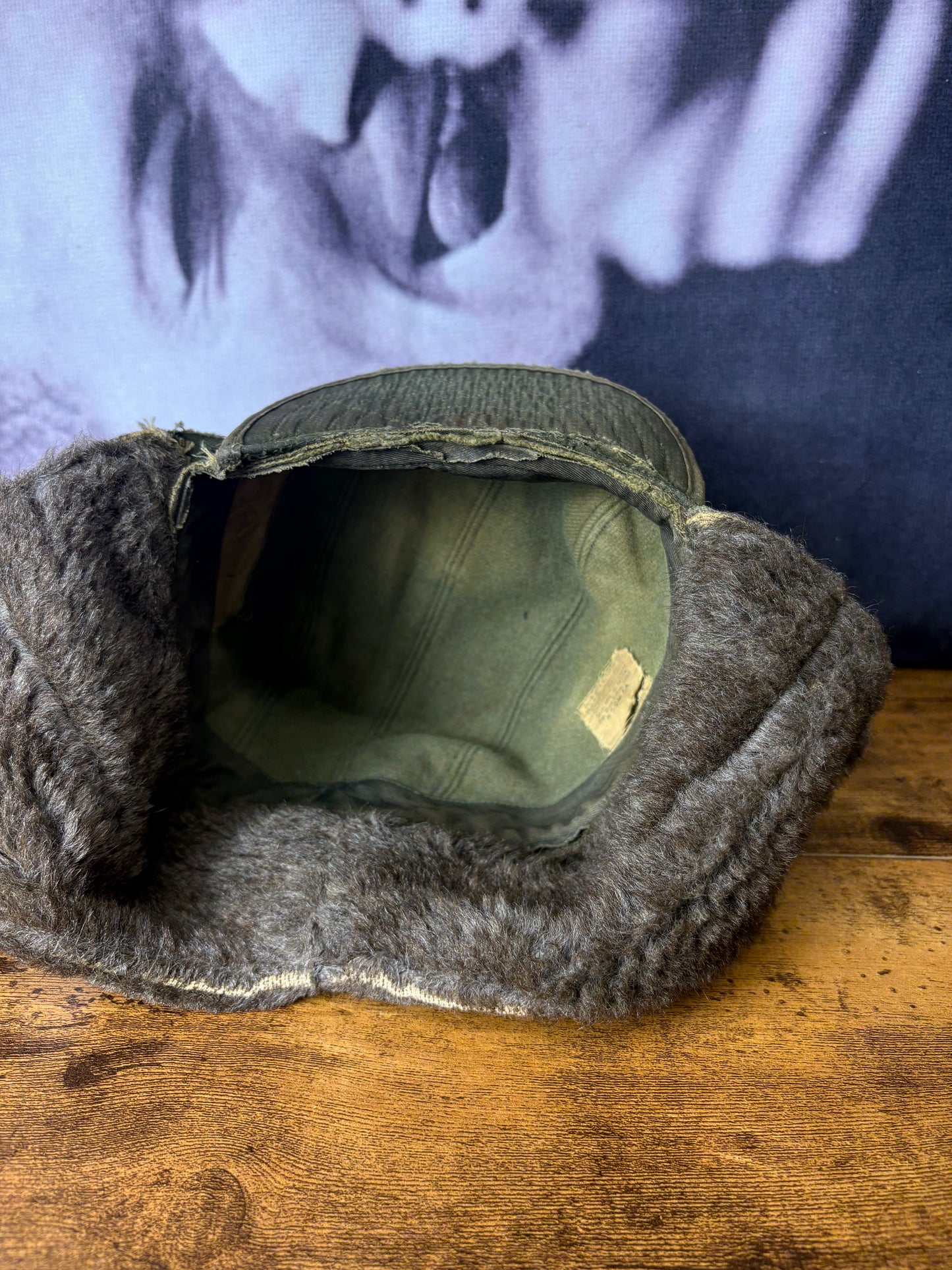 True Vintage 50s Khaki Green Fur Ear Lining Hat