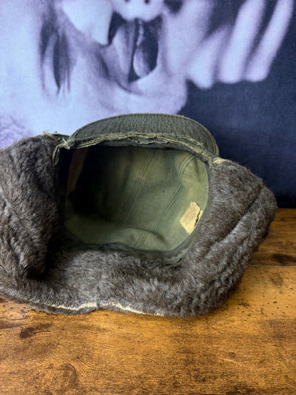 True Vintage 50s Khaki Green Fur Ear Lining Hat