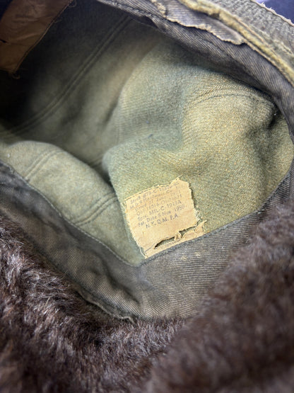 True Vintage 50s Khaki Green Fur Ear Lining Hat