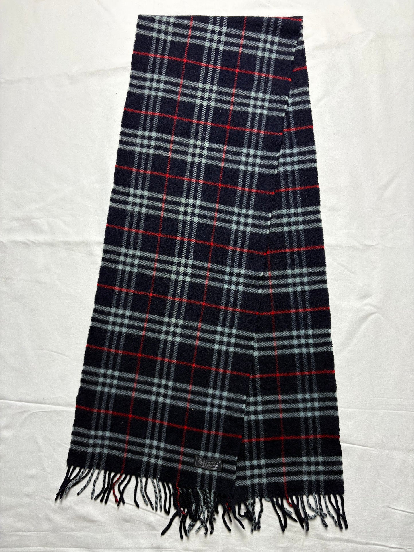 Vintage Burberry Navy Nova Check Lambswool Scarf | 12x66'