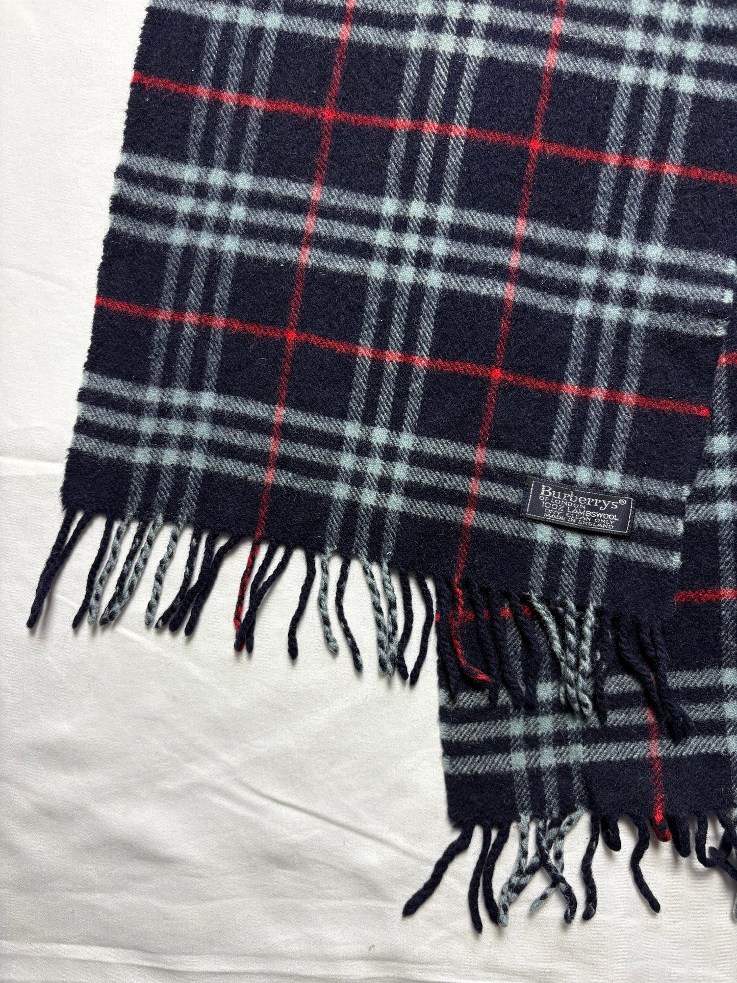 Vintage Burberry Navy Nova Check Lambswool Scarf | 12x66'