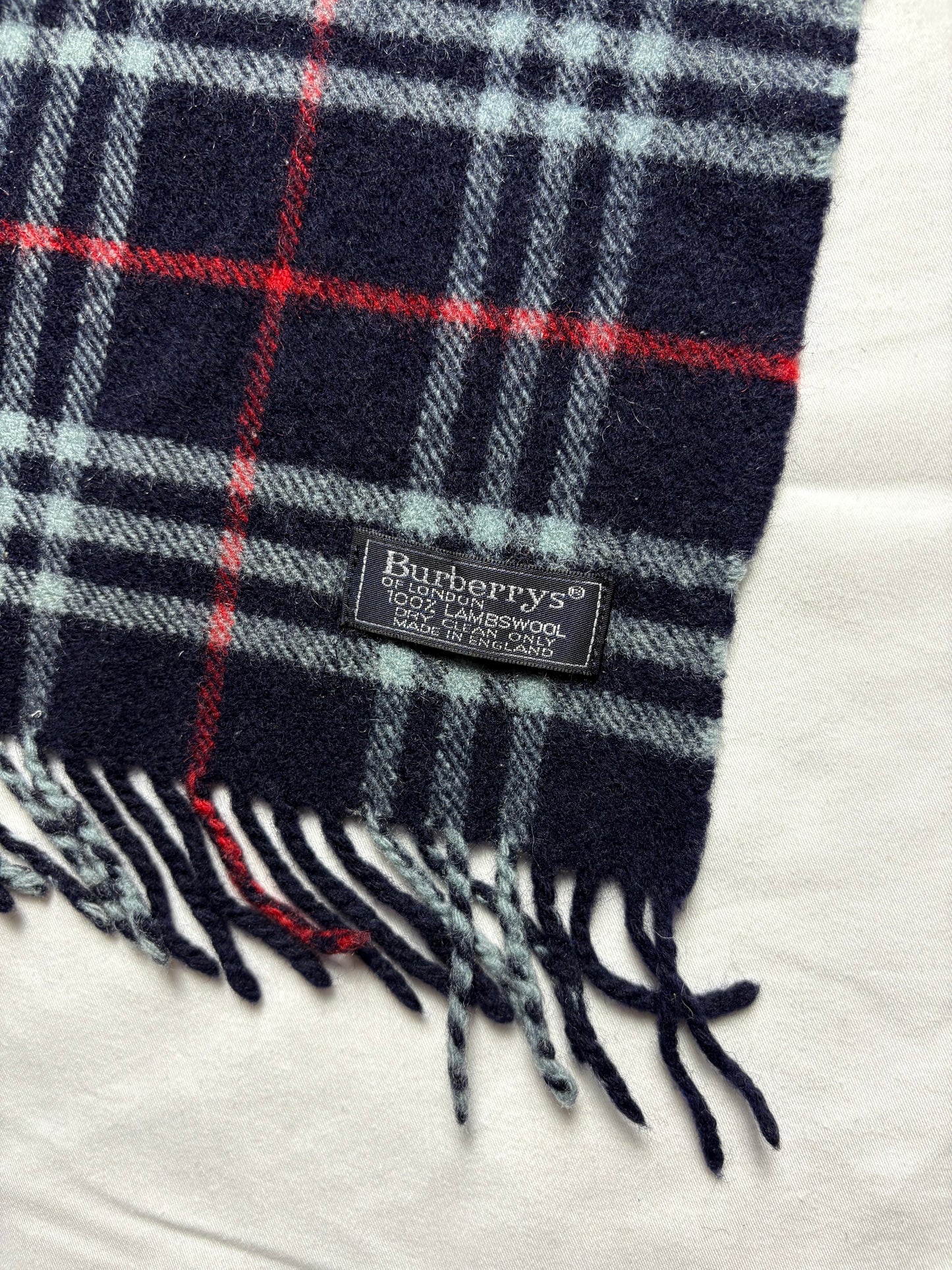 Vintage Burberry Navy Nova Check Lambswool Scarf | 12x66'