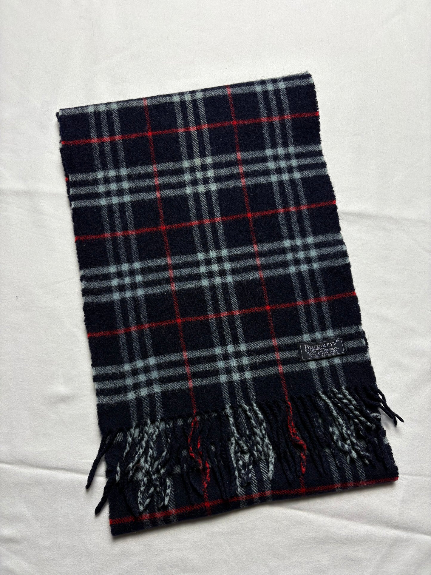 Vintage Burberry Navy Nova Check Lambswool Scarf | 12x66'