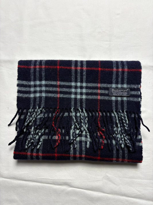 Vintage Burberry Navy Nova Check Lambswool Scarf | 12x66'