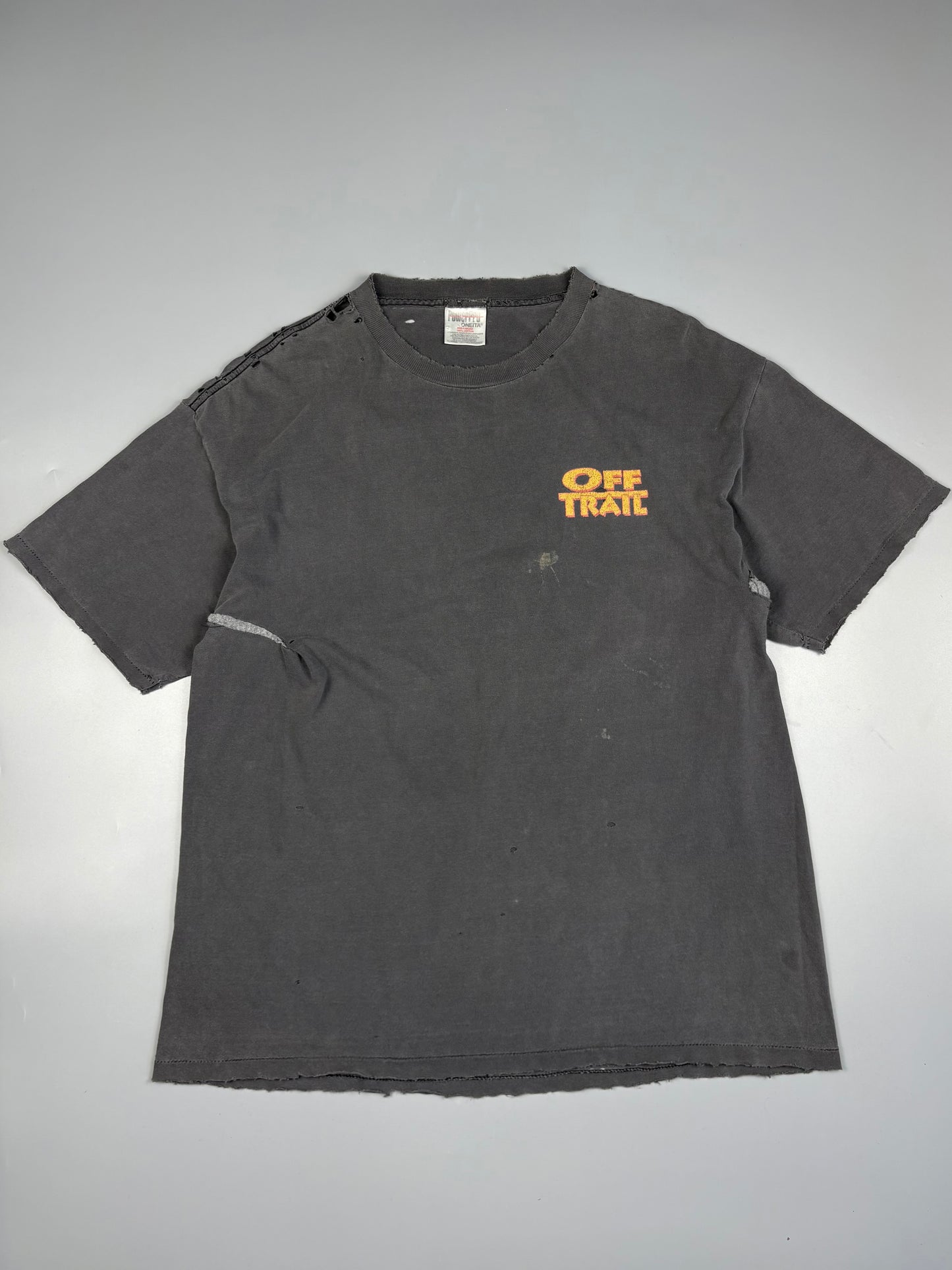1990s Oneita Washed Black Thrashed Graphic Tee (XL)