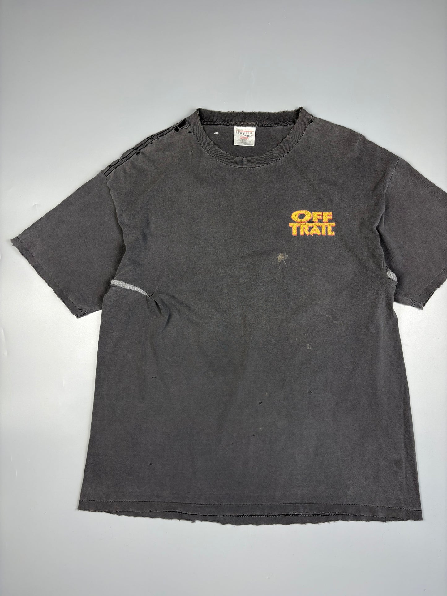 1990s Oneita Washed Black Thrashed Graphic Tee (XL)