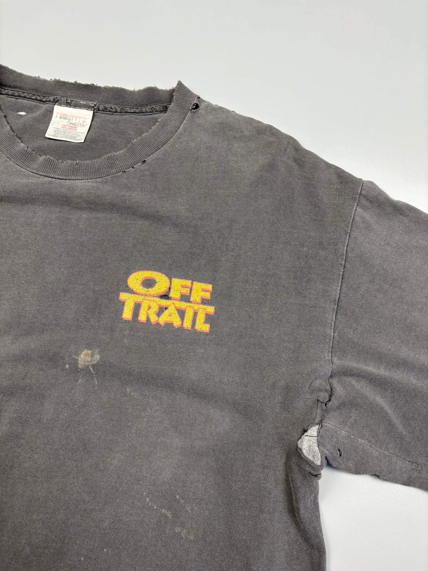 1990s Oneita Washed Black Thrashed Graphic Tee (XL)